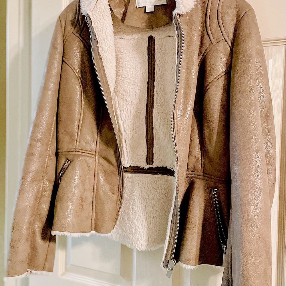 Taupe New York and Co Fuax Suade Coat with Cozy Fleece Lining